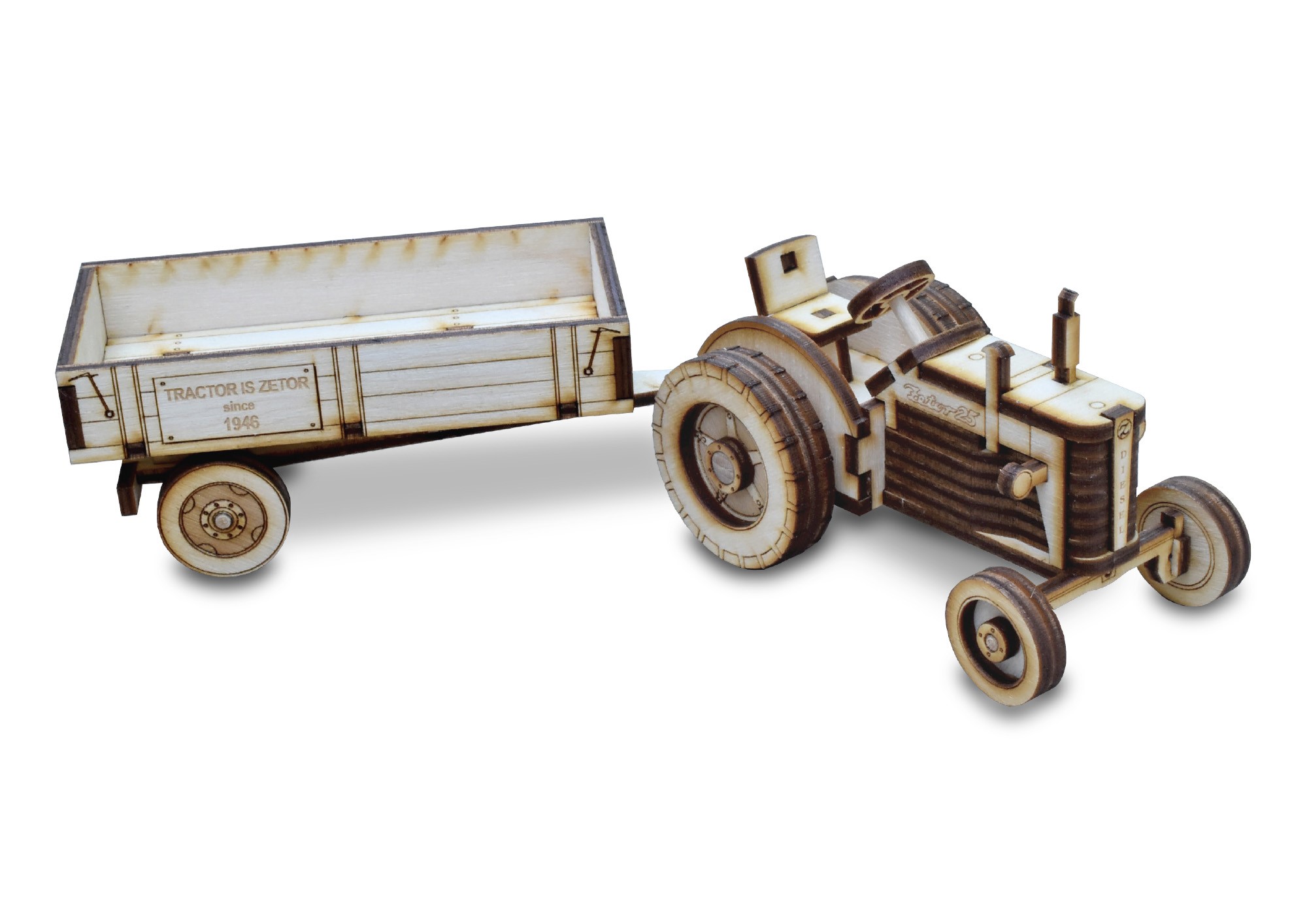 Vintage Zetor 25 tractor with trailer, Wooden moving model | ZETOR