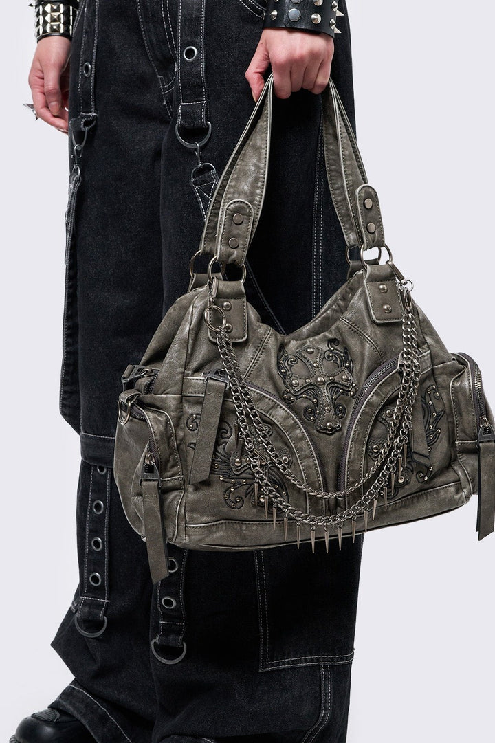 Grey Vegan Shoulder Bag with Studded Cross, Spiked Chains
