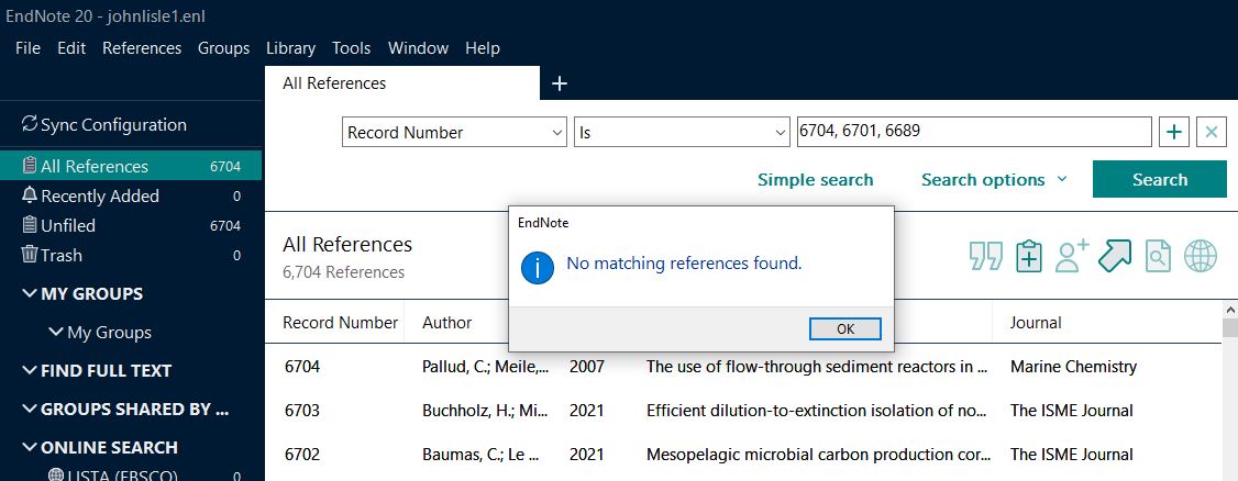 Recovering multiple citations by record number within an EndNote