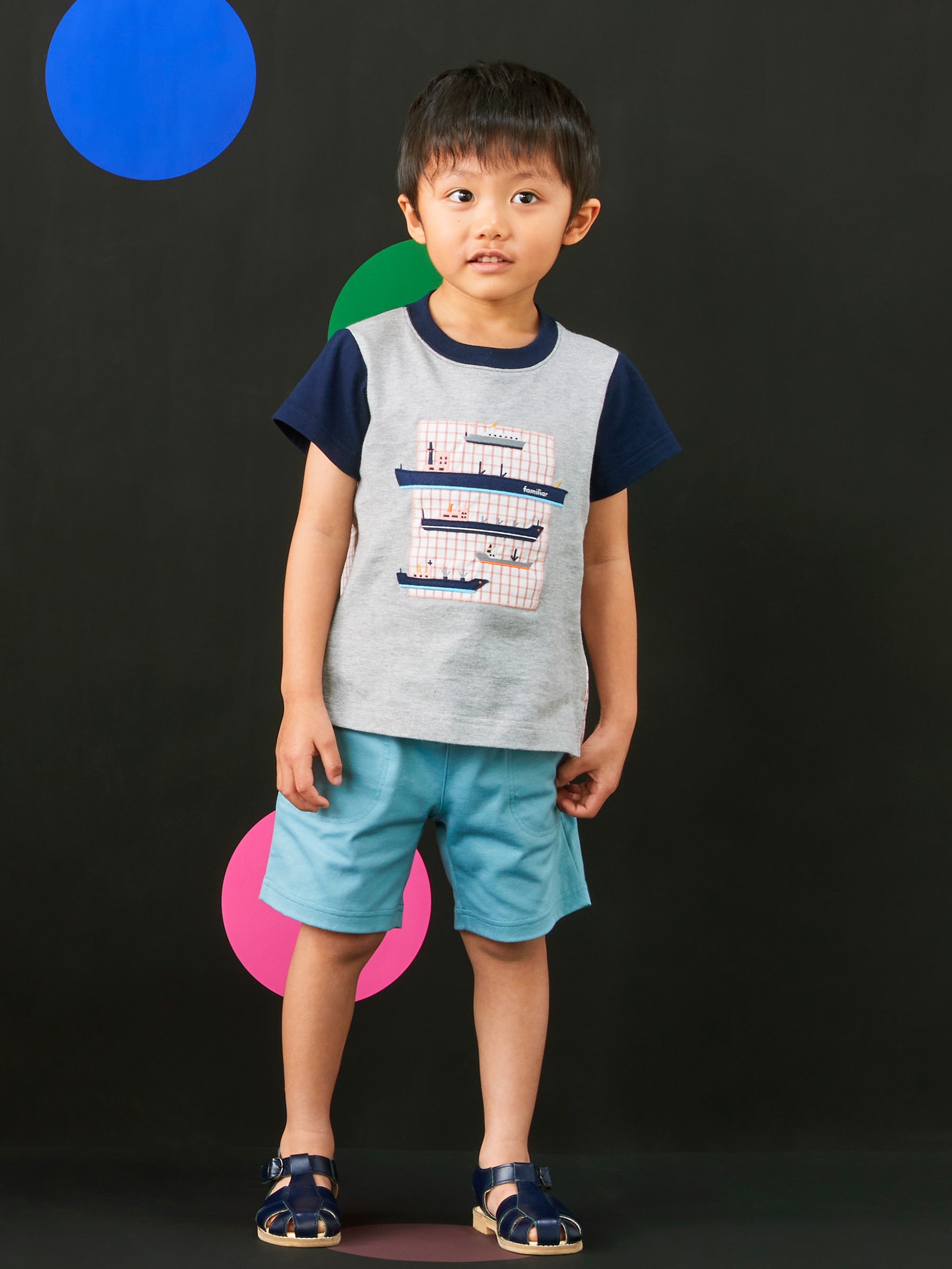 ファミリア 新品ピアノ鍵盤Tシャツ 緑系チェックハーフパンツ 120cm