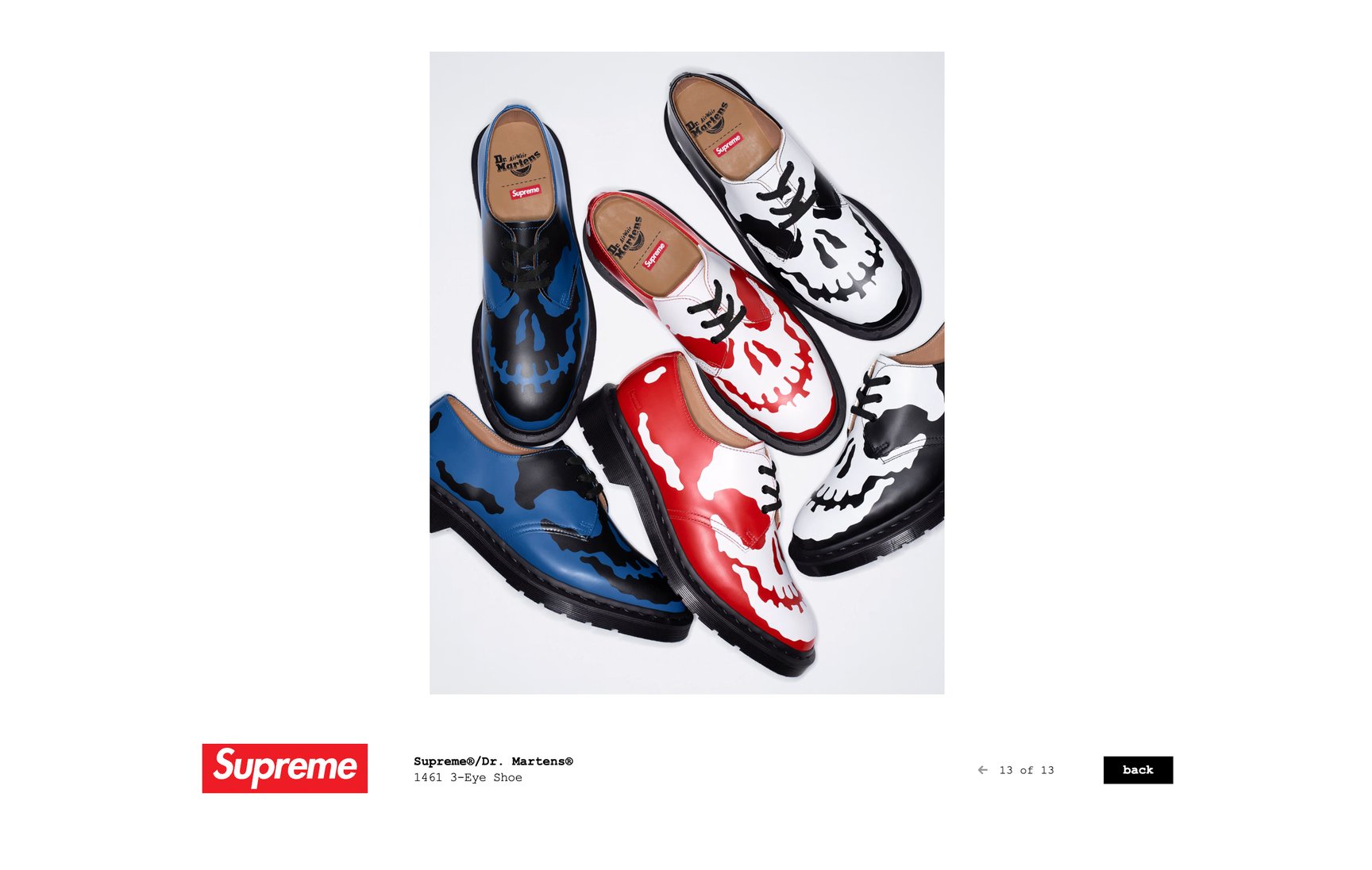 シュプリームとドクターマーチンのコラボ新作、スカルモチーフあしらっ