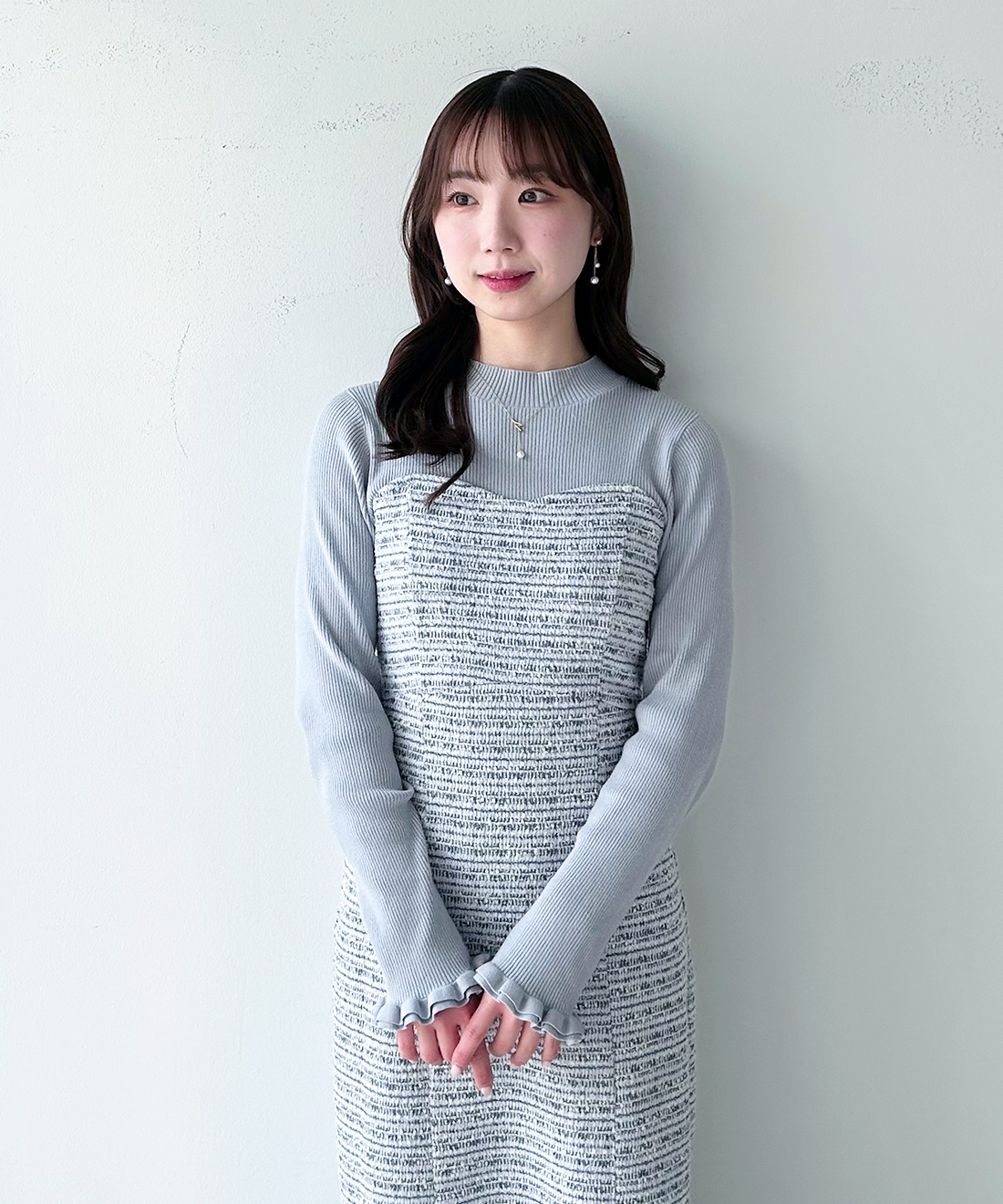 ONLINE限定 低身長サイズあり】ツイードニットドッキングワンピース