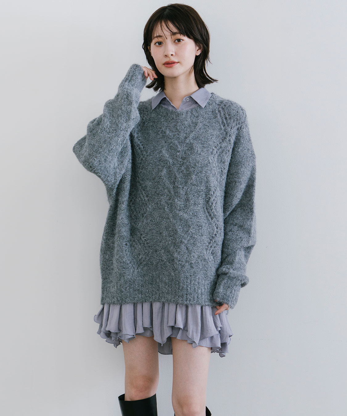 ケーブルニット×ペプラムシャツミニワンピース｜PETAL ONLINE（ペタル