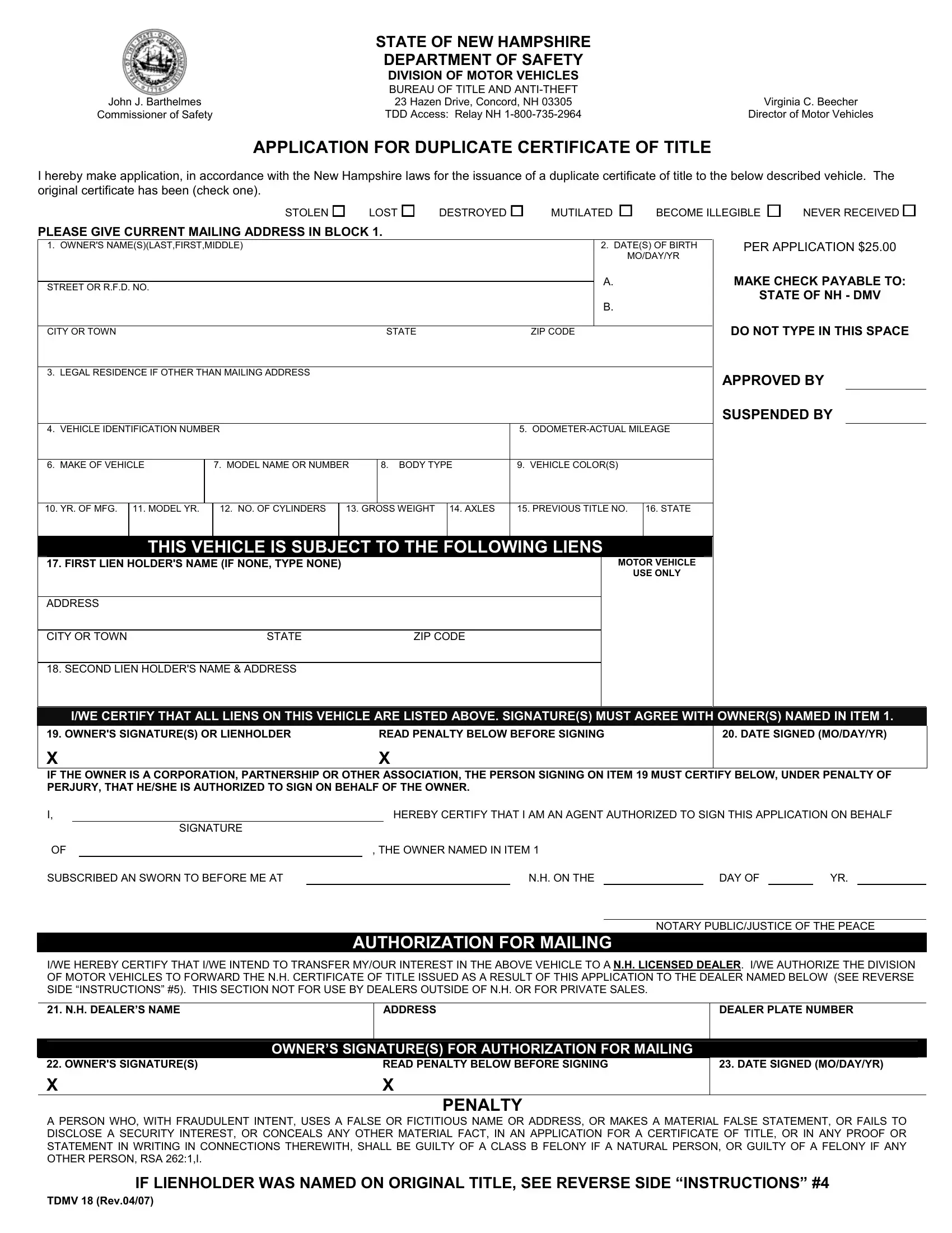Form Tdmv 18 ≡ Fill Out Printable PDF Forms Online