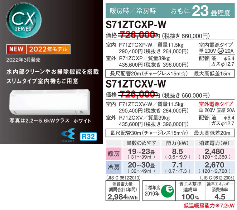 S71ZTCXP-W、S71ZTCXV-Wダイキン(23畳用)価格2022年最新型モデル