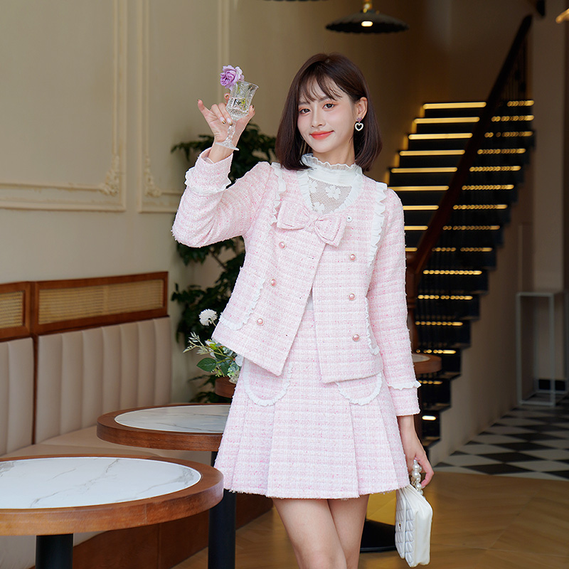 ツイードジャケット フリルレース付きツイード上下セット ノーカラー