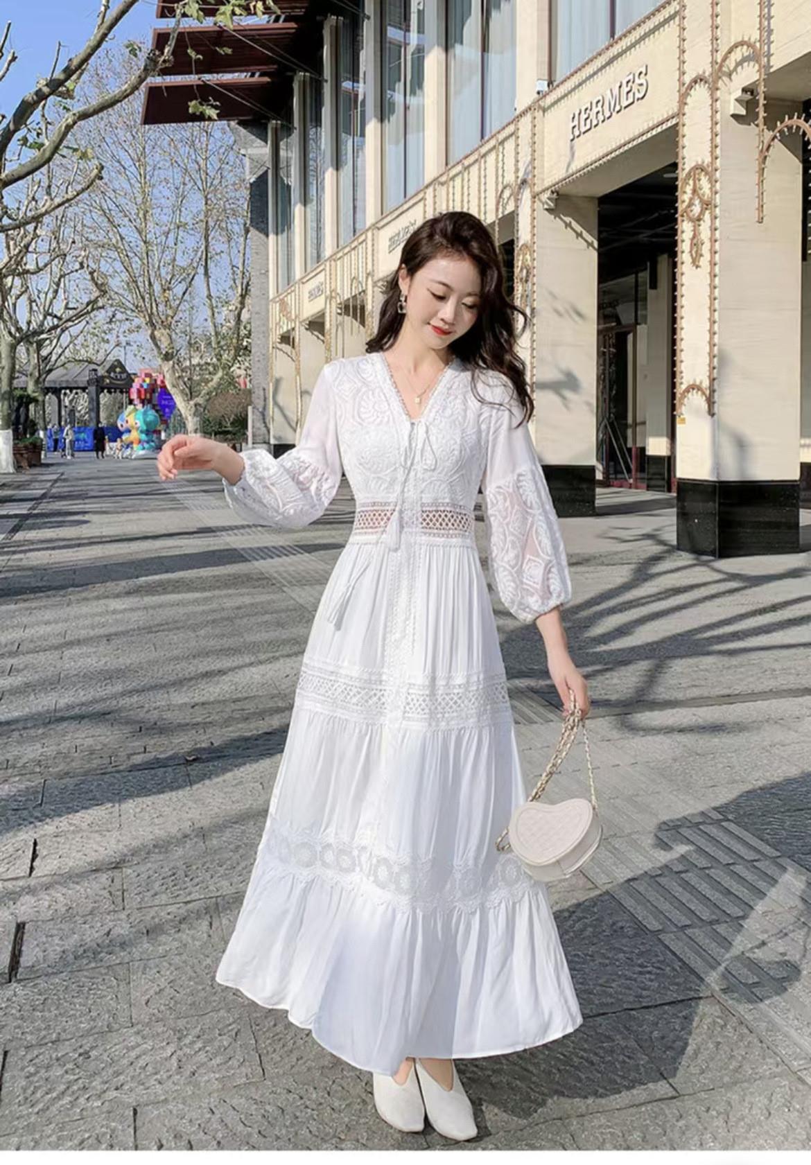 白ワンピース レースデザイン バルーン袖 マキシワンピース レース|白