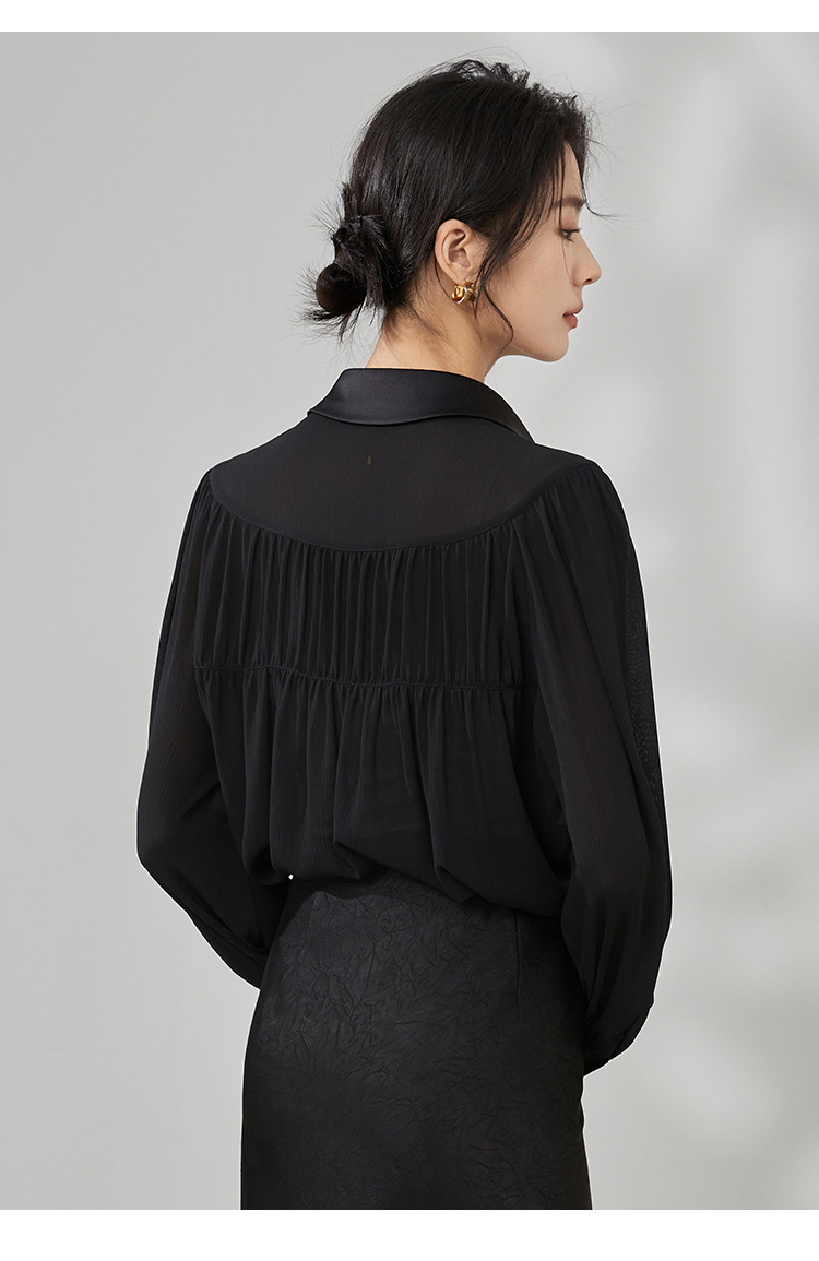 黒ブラウス ふんわり襟付きシフォンブラウス シフォンブラウス|黒