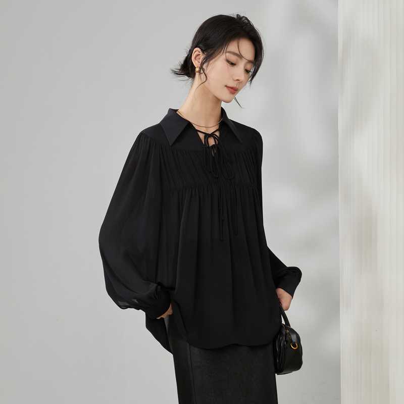 黒ブラウス ふんわり襟付きシフォンブラウス シフォンブラウス|黒