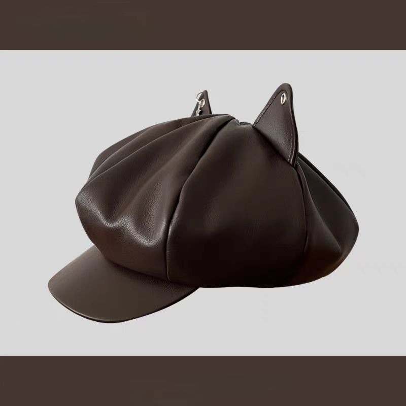 猫耳デザイン レザーキャスケット レディース帽子 レザー|キャスケット