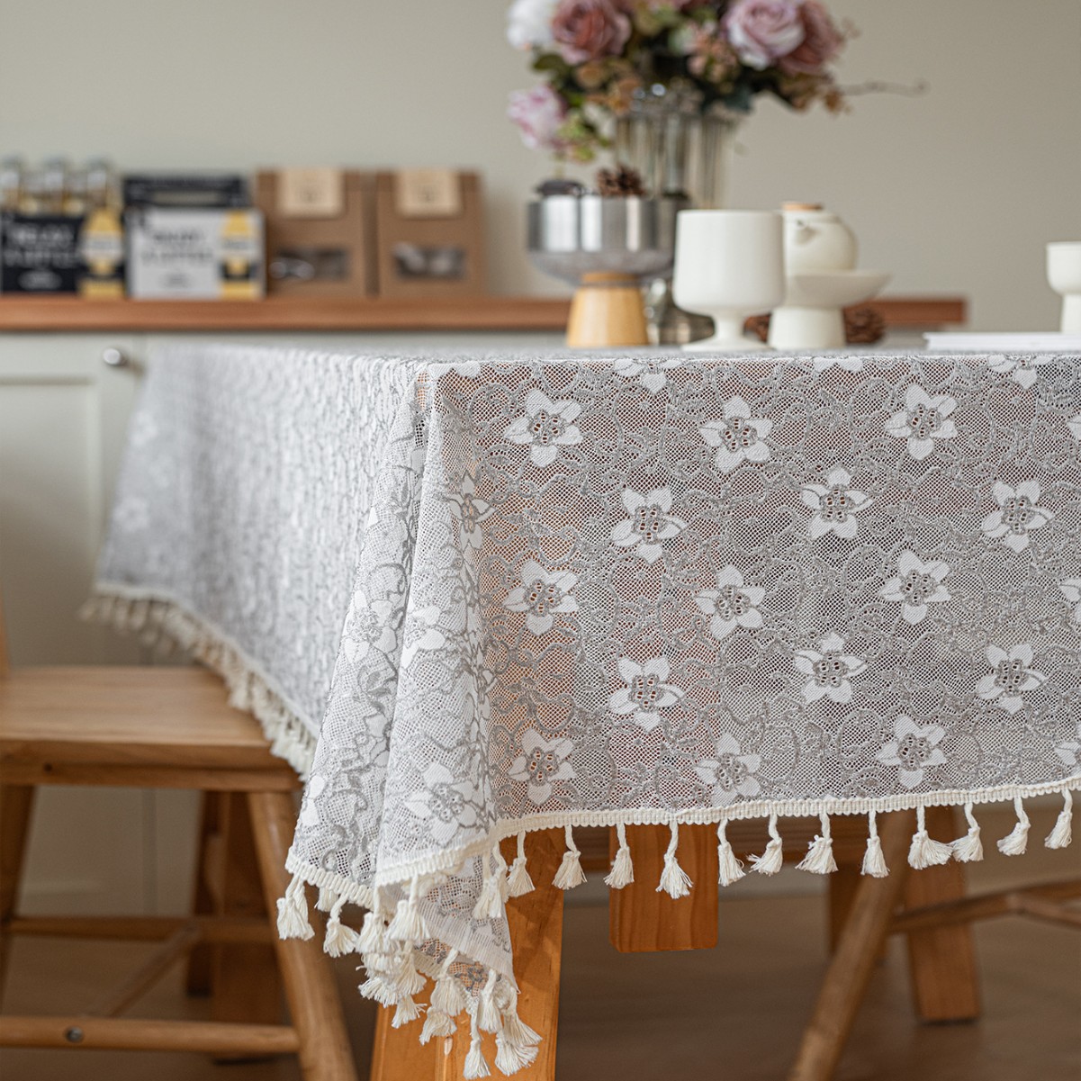 テーブルクロス 花柄刺繍レース布タッセル付きテーブルクロス 布