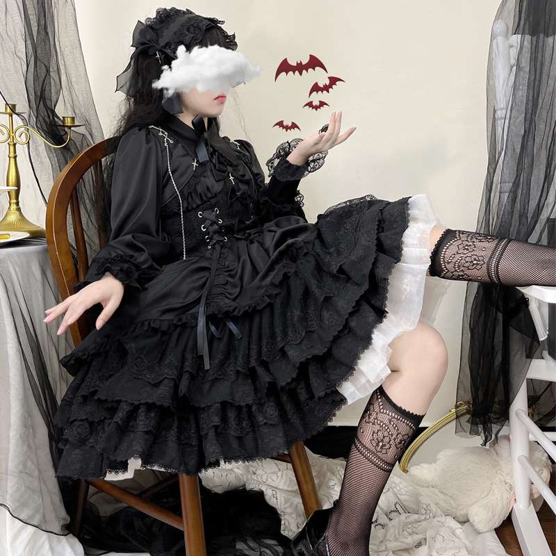 ロリータファッション【ゴスロリ】セーラー服風 シンプル長袖ブラック