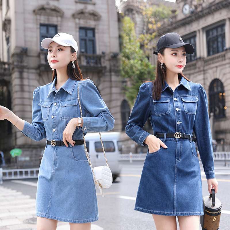 ミニワンピース 長袖デニムワンピ ダークブルー ライトブルー2色