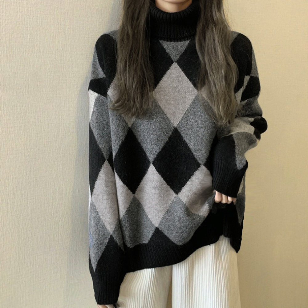 アーガイル柄 モヘア混 ニットトップス（フリーサイズ