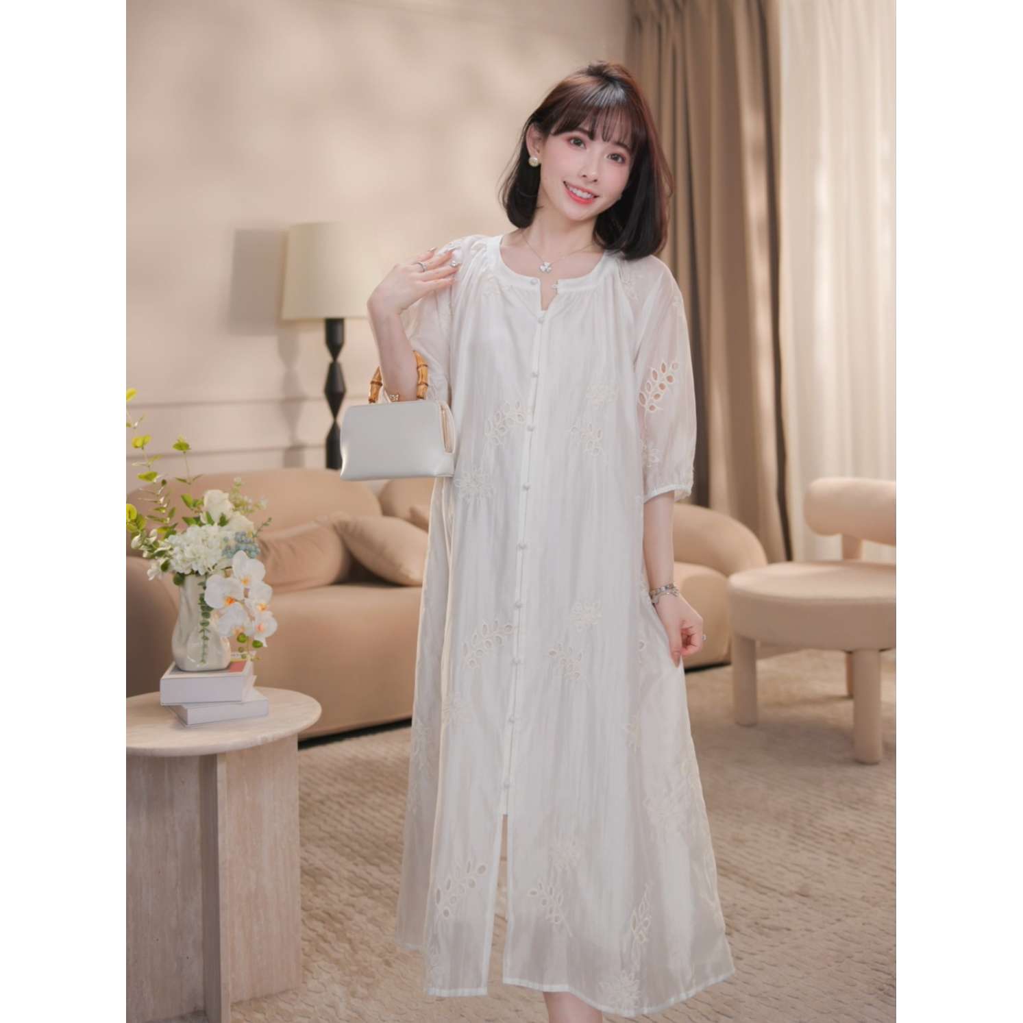 マタニティドレス おしゃれレース刺繍マタニティロングワンピース 産後