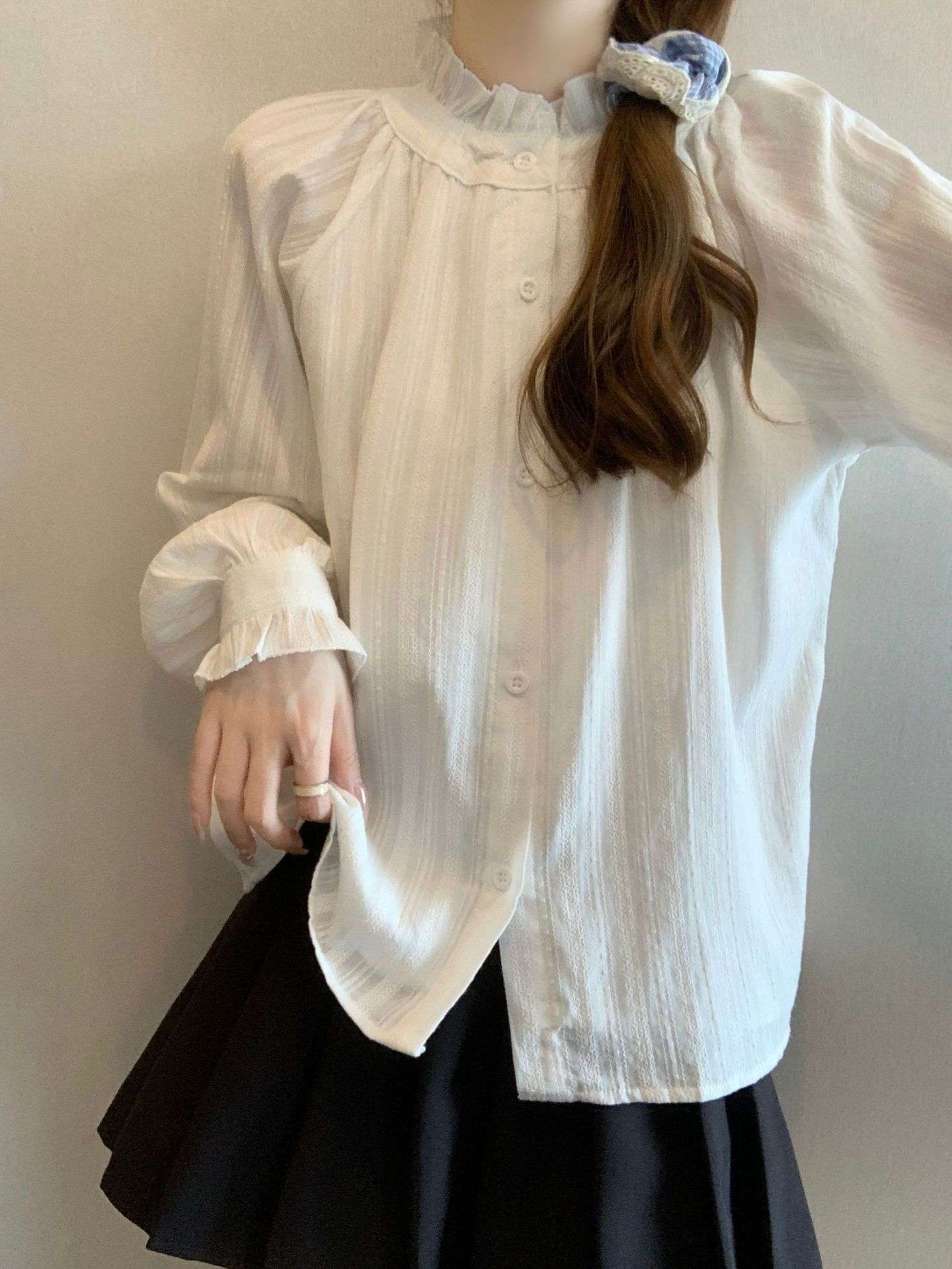 白シャツ エレガンスフリル・ロングスリーブブラウス ビジネス（frill