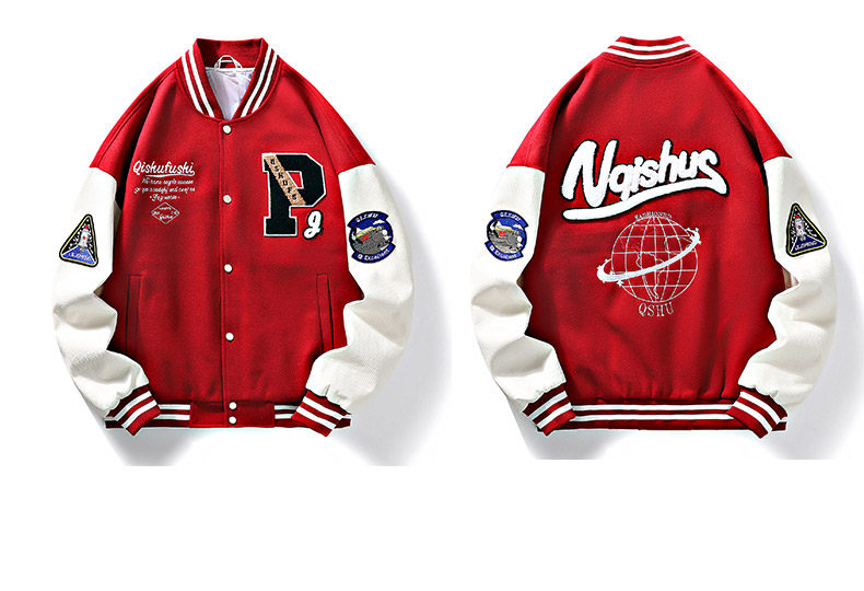 スタジャン 刺繍ワッペン付きカレッジ風赤スタジアムジャンパー 赤