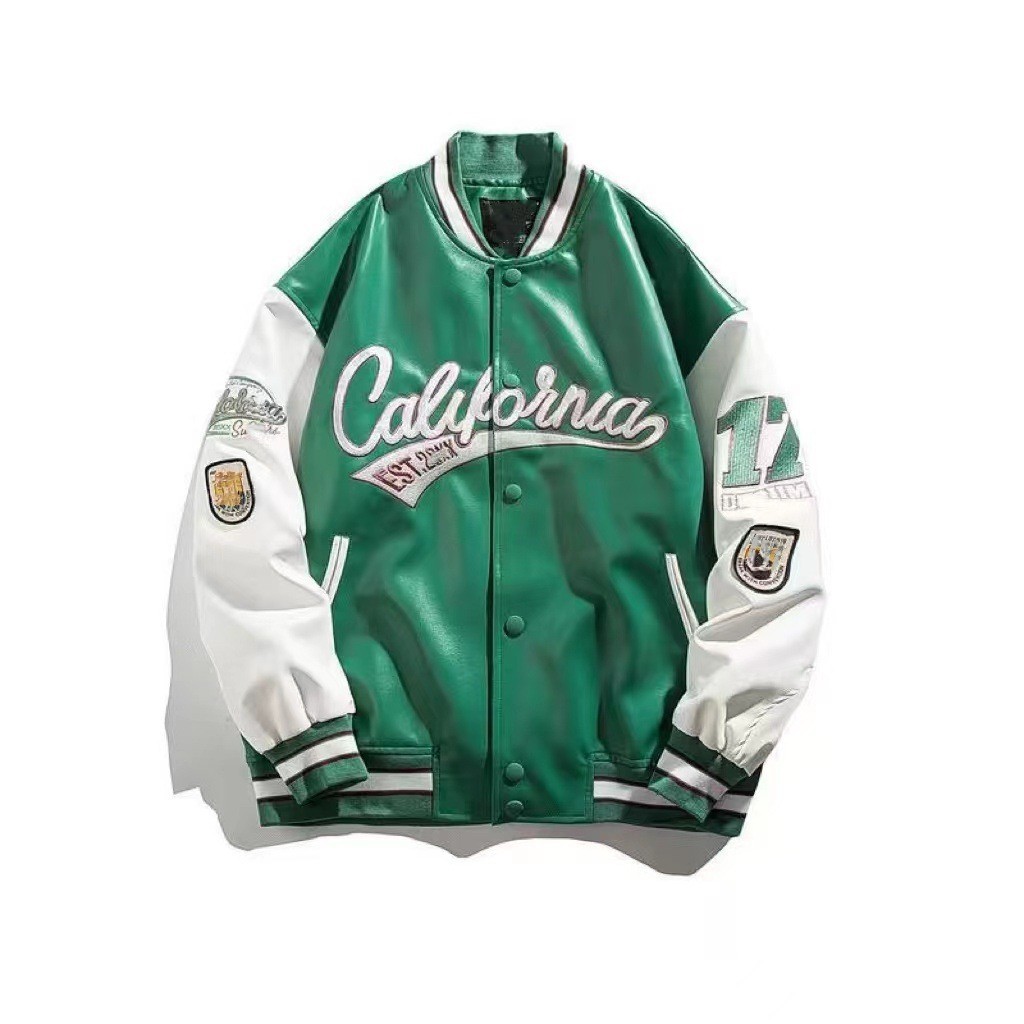 スタジャン カレッジロゴ刺繍入り袖切替緑スタジアムジャンパー 緑