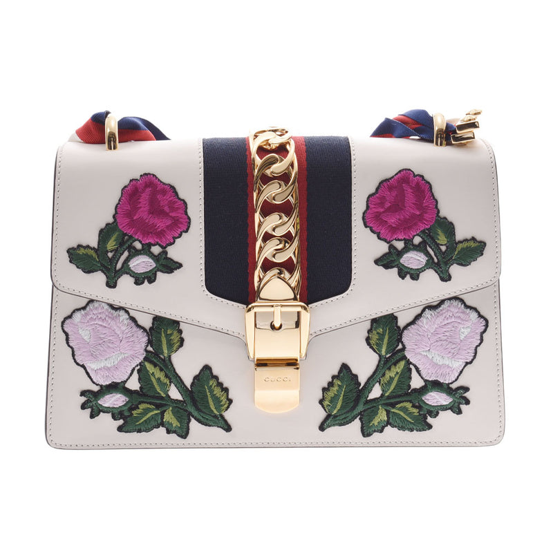グッチシルヴィ 花柄刺繍 白×緑/赤 ゴールド金具 レディース 2WAY