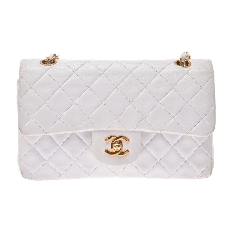 シャネルチェーンショルダーバッグ ダブルフラップ 14143 白 ゴールド