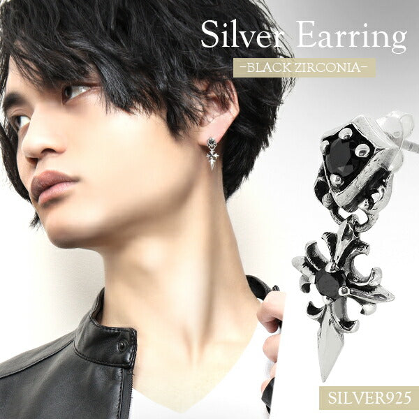 2連ブラックジルコニア シールド ユリクロス シルバーピアス 1P 片耳用