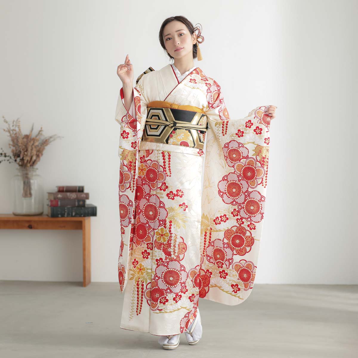 最高峰絞り染元「滝泰」白 疋田鹿の子絞り 紅梅に松竹（【振袖・袋帯