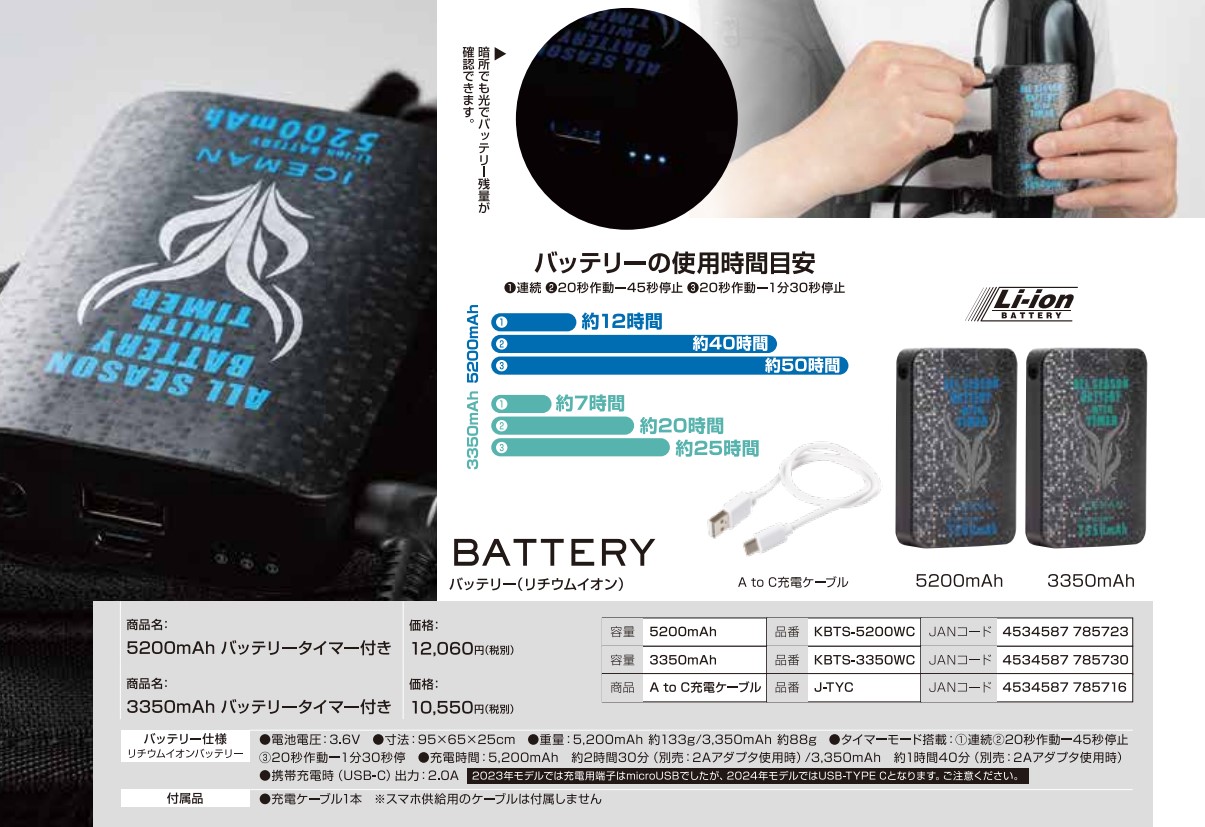 2024モデル 水冷服 アイスマン用 リチウムイオンバッテリー タイマー