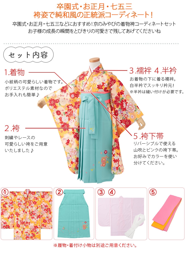 女の子 着物袴セット 卒園式袴 ちょっと小さめ 小紋 着物 刺繍袴 5点