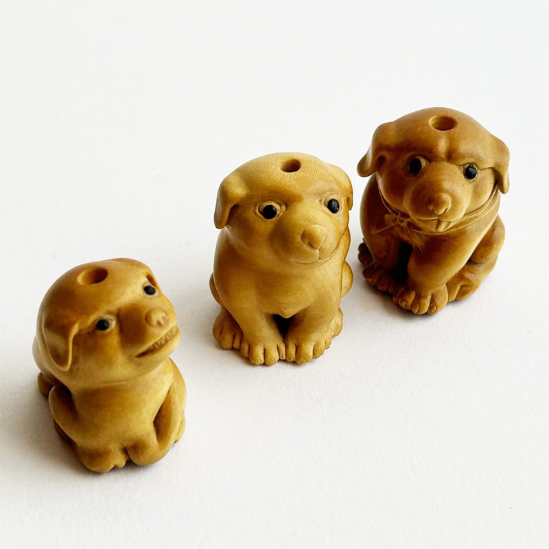 仔犬1」 根付ストラップ 帯飾り 柘植（黄楊・つげ） □光斎