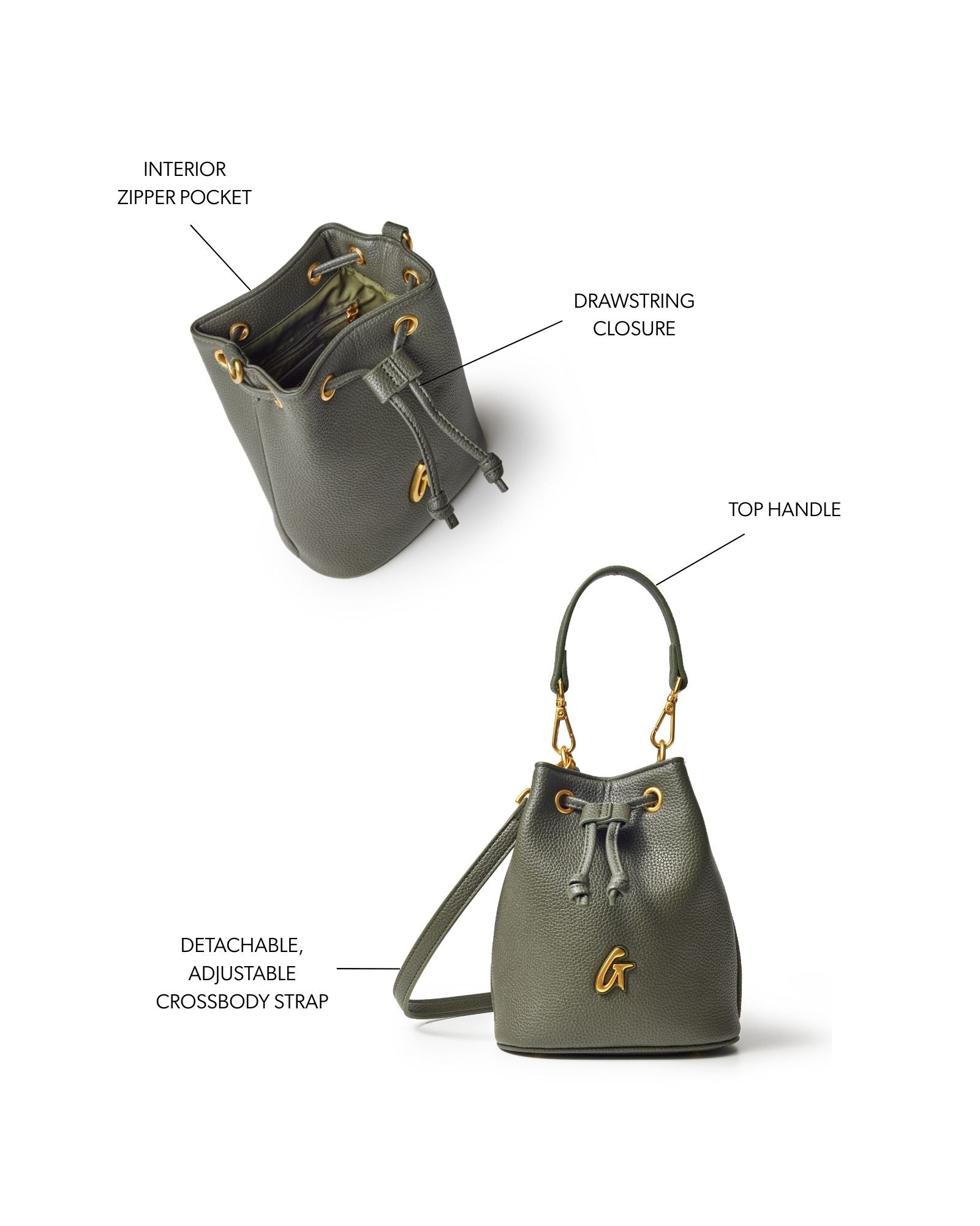 Pebble Mini Bucket Bag in Olive Green | Vegan Leather Crossbody