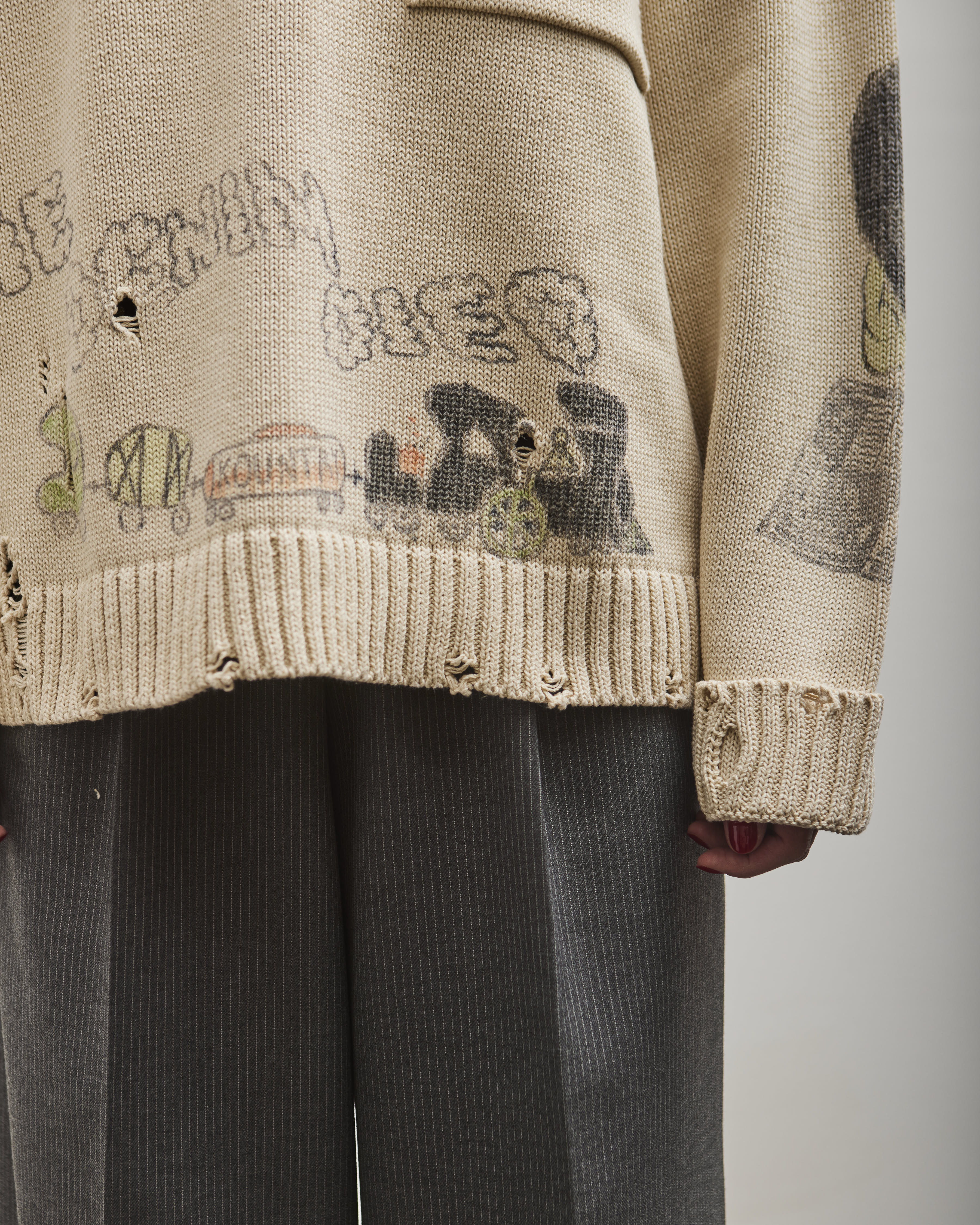 Kapital 5G Cotton Knit Crew Sweater (Memorial Paint Model), Ecru