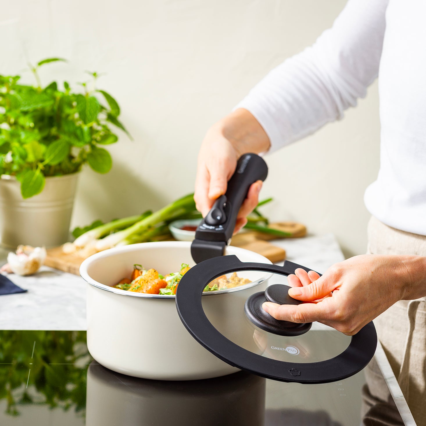 部品】グリーンパン クリックシェフ ソースパン20cm クリームホワイト