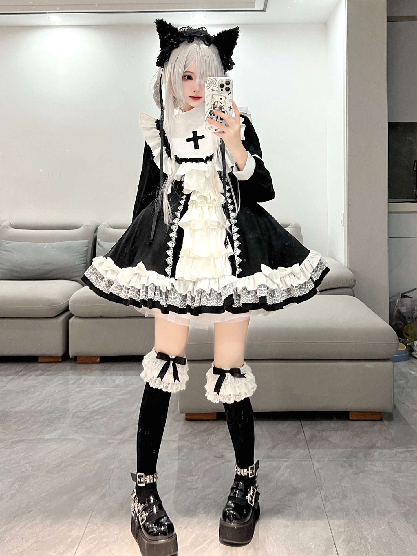 Black and White Gothic Nun Lolita Short Dress – 個性的な