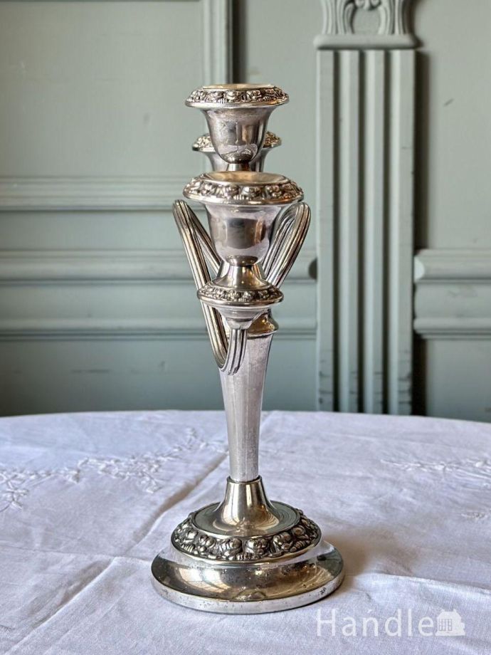 英国アンティークの3灯燭台、シルバープレートのキャンドルスタンド(d