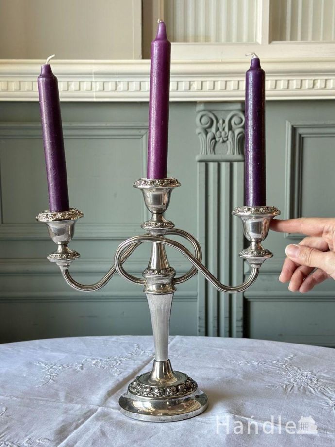 英国アンティークの3灯燭台、シルバープレートのキャンドルスタンド(d