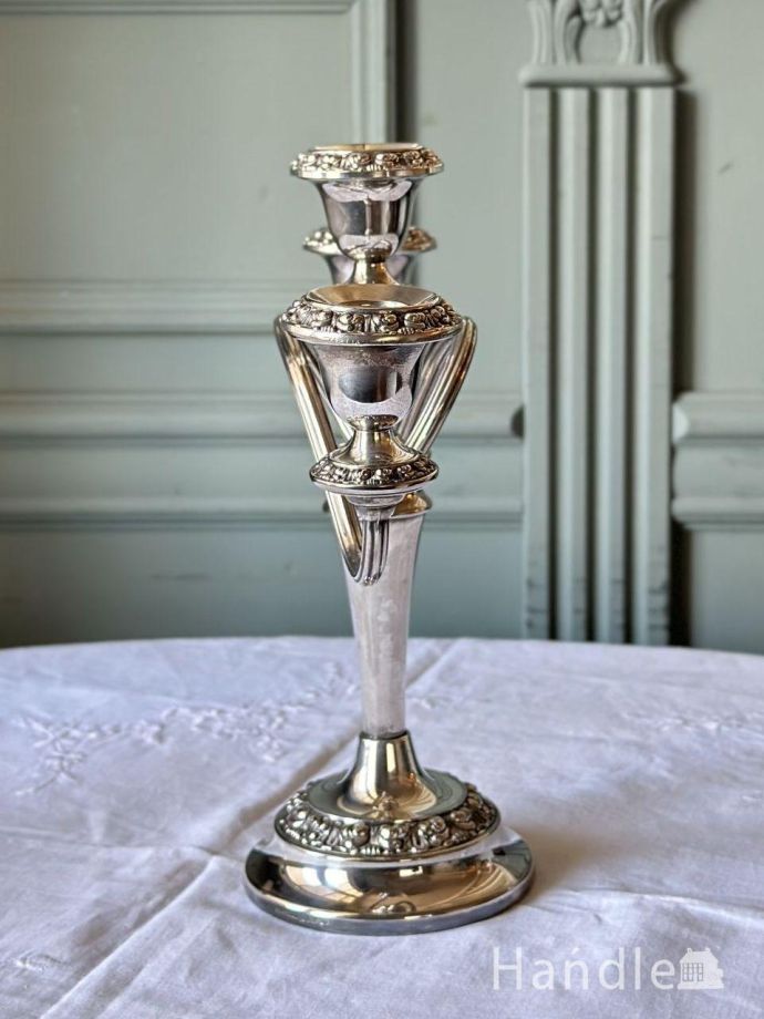 英国アンティークの3灯燭台、シルバープレートのキャンドルスタンド(d