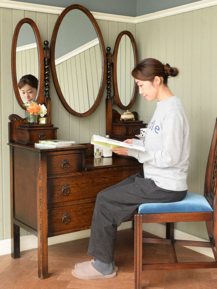 アンティーク】北欧レトロ 鏡台 3段引出し ドレッサー チェスト