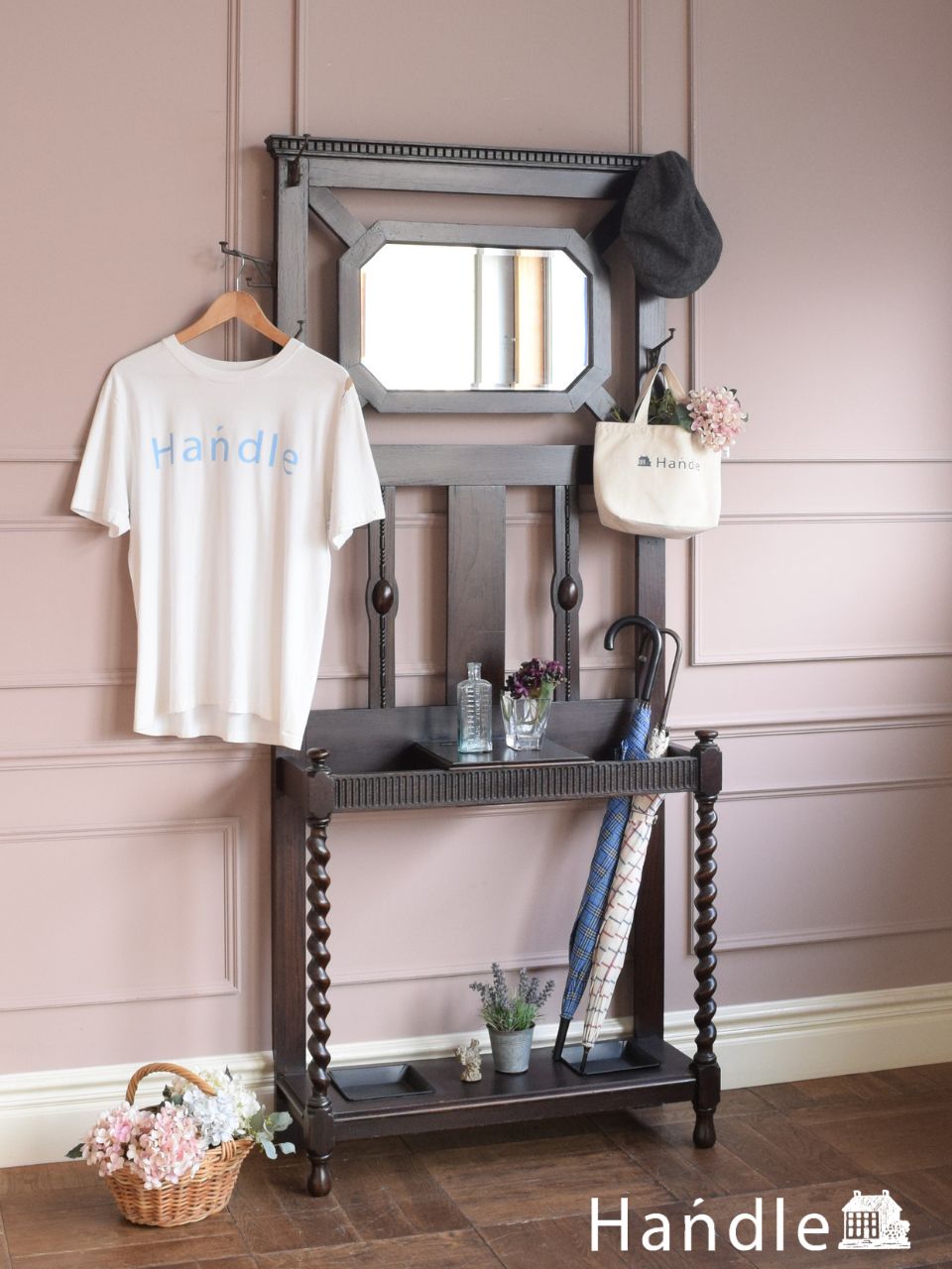 イギリスのアンティーク家具、玄関で使うベンチ付きの傘立て、ホール