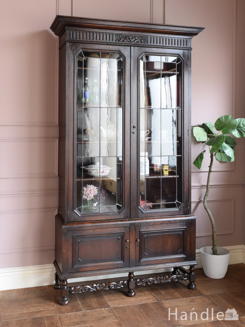 英国アンティークのブックケース、ステンドグラス扉の美しい本棚(i-167