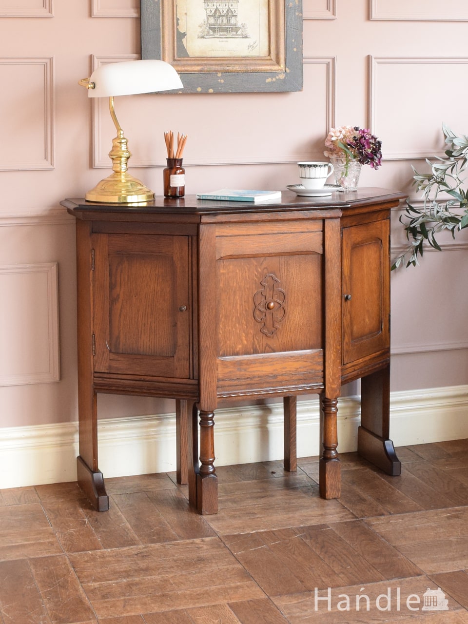 イギリスから届いたアンティークのデスク、オーク材のおしゃれな片袖机