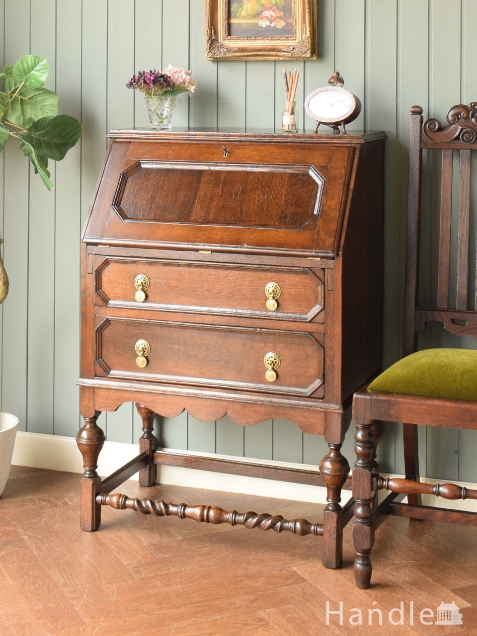 英国アンティークのライティングビューロー、オーク材のおしゃれな