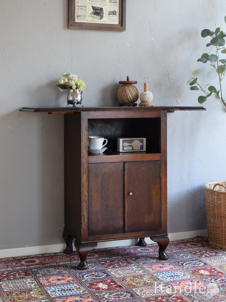 フランスアンティーク猫脚ナイトテーブル/木製キャビネット机飾り棚(82