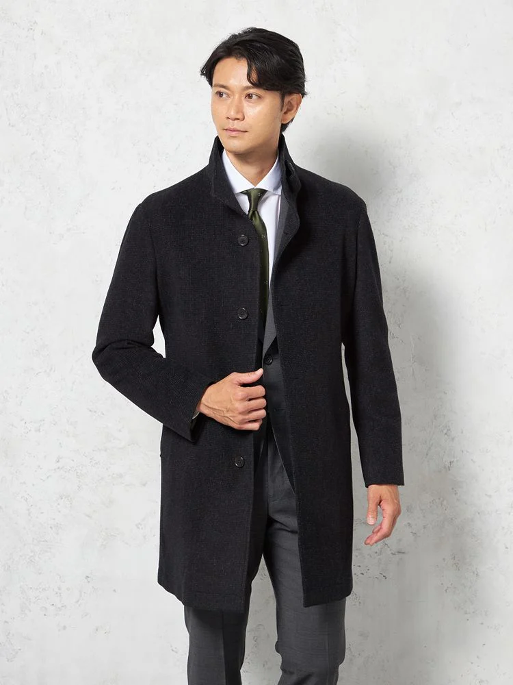 C．グレー 【尾州アンゴラ混素材】スタンドカラーコート ミドル丈 織