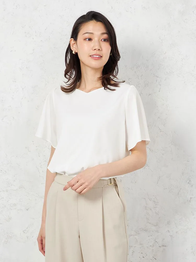 ホワイト 【ウォッシャブル】半袖 ハートネックブラウス 防臭抗菌 透け