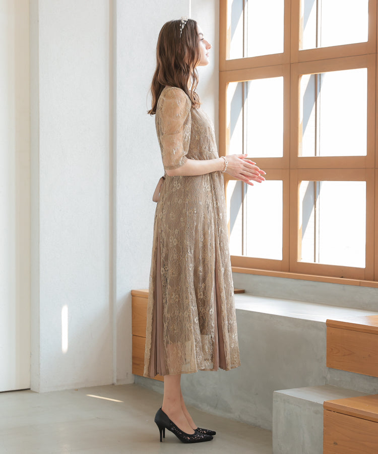 結婚式・お出かけワンピース｜プリーツ切替え総レースドレス/22321163