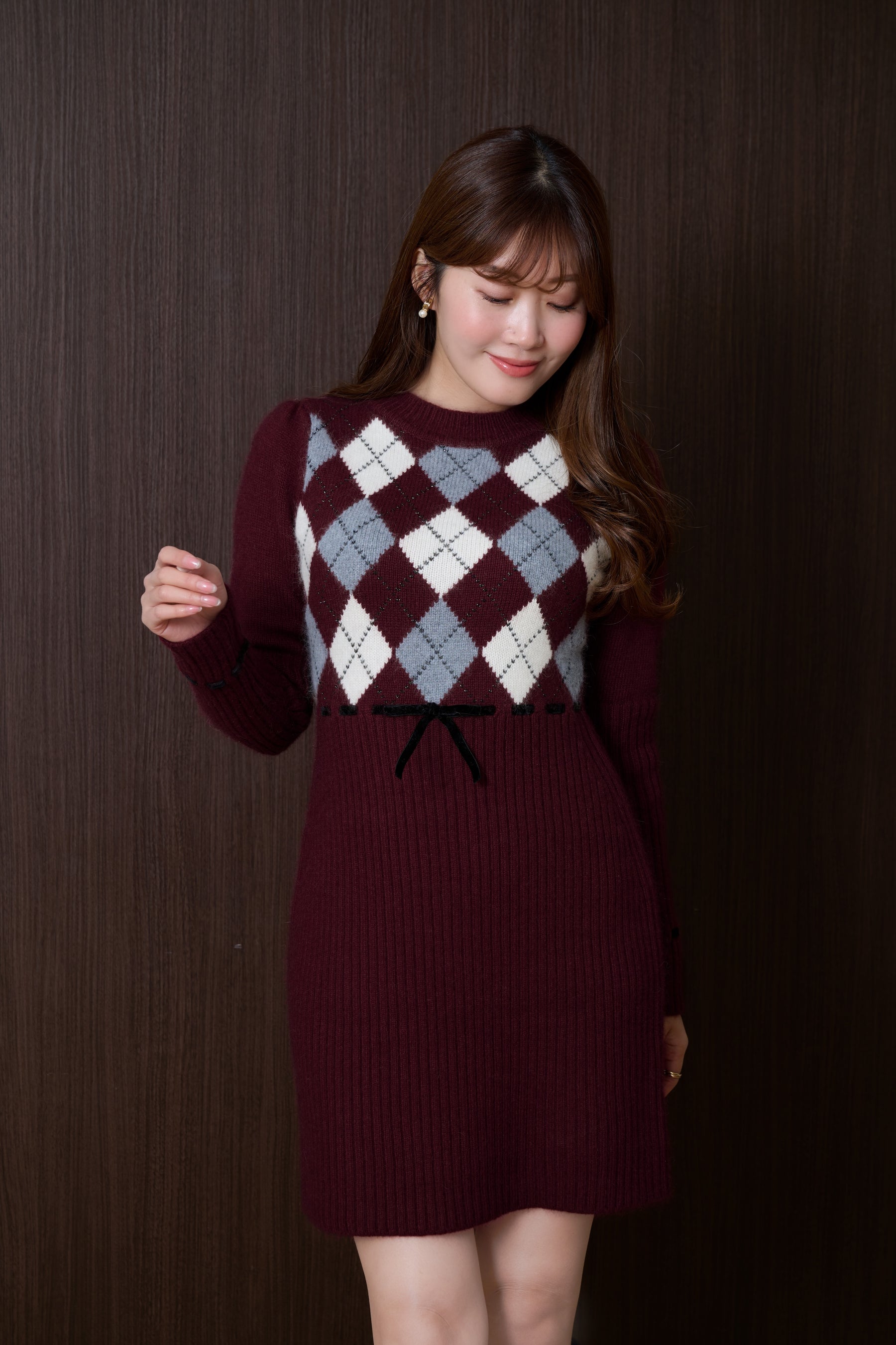 新色】Moor Argyle Ribbon Knit Dress