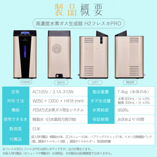 フレスカPRO 1年保証付き/水素吸入器 毎分600ml 酸素同時吸入毎分300ml