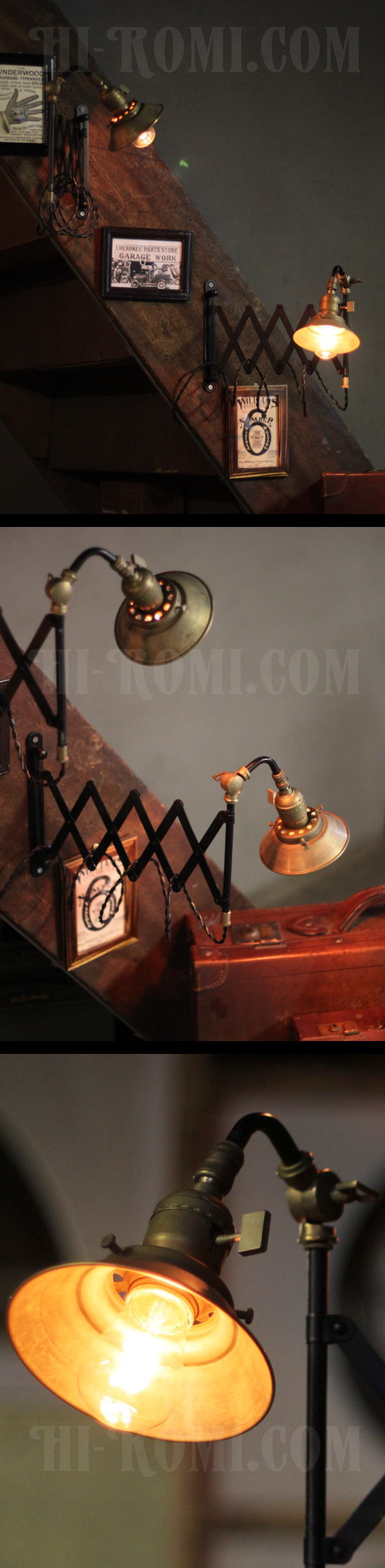 工業系真鍮シェード付角度調整付シザーアームブラケットライト蛇腹