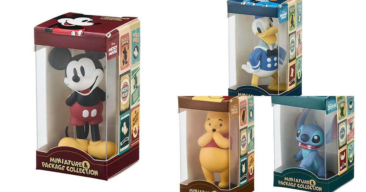 ディズニーキャラクターたちのパッケージ付きミニチュアフィギュアが