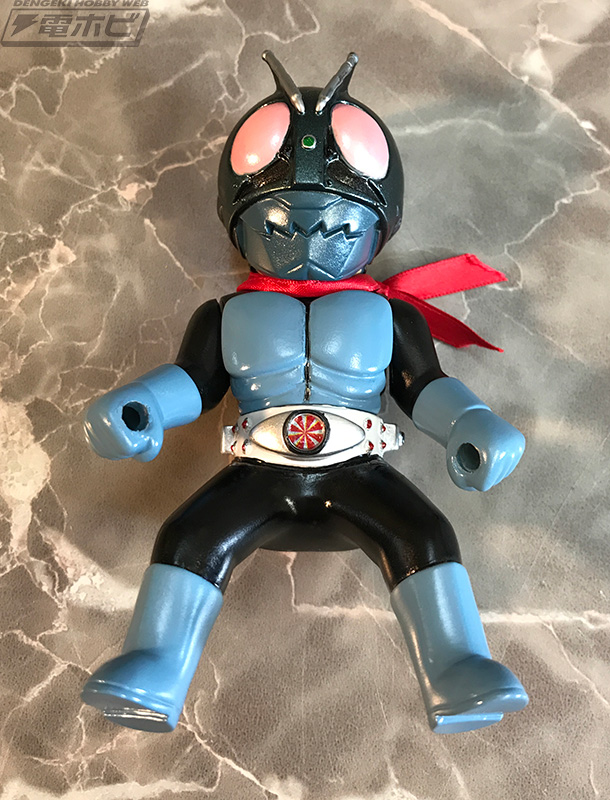 仮面ライダー旧1号、旧2号、蜘蛛男、ショッカー戦闘員が、ソフビ